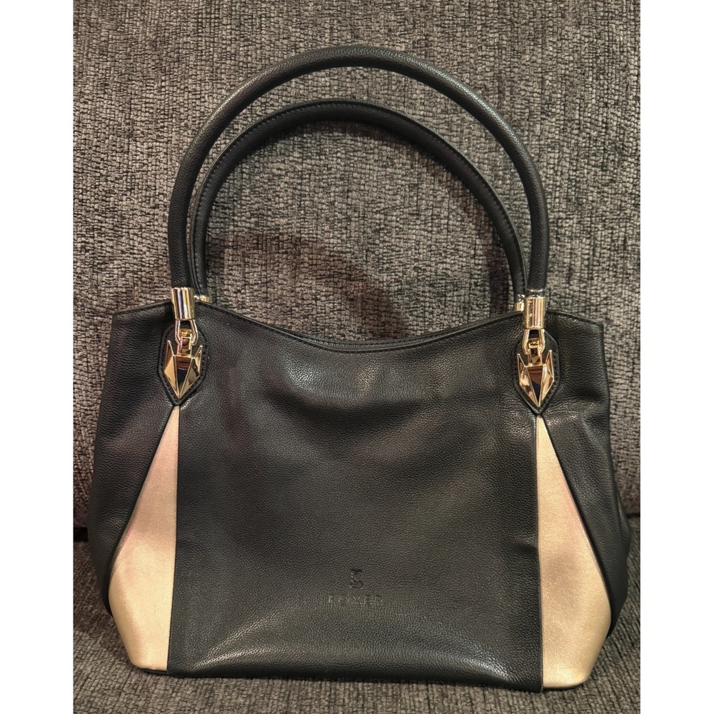 Foxer Black & Gold Leather Hand Shoulder Bag Purse Medium Zip Pockets Tote